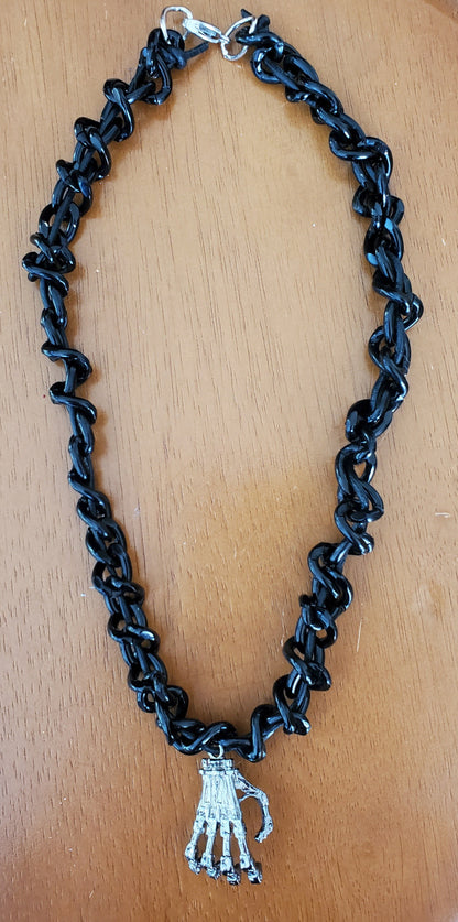 Skeleton Hand Pendant on Large Braided Chain Necklace