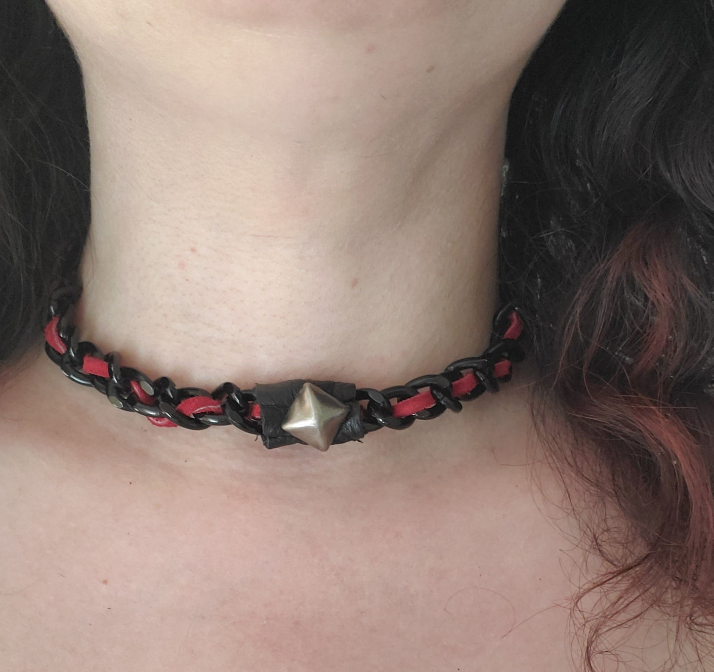 Studded Leather Accented Chain Choker