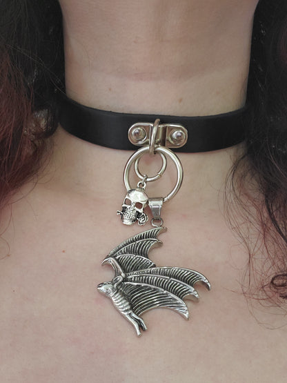 Flying Bat Leather Buckle Choker Necklace