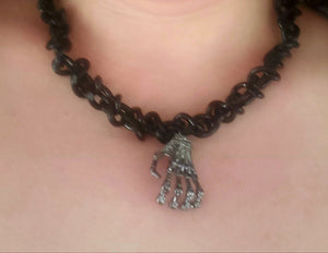 Skeleton Hand Pendant on Large Braided Chain Necklace