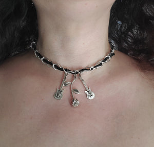 Guitar and Rose Pendant Chain Choker Necklace