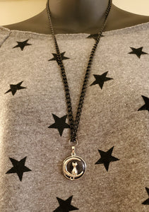 Kitty On The Moon On Black Chain Necklace