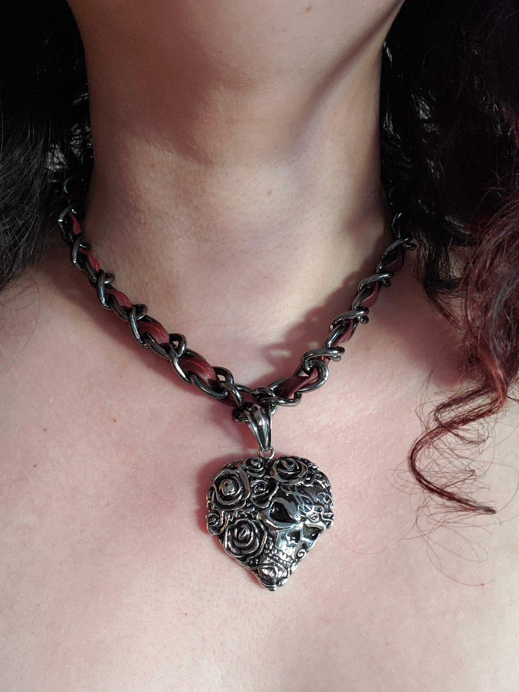 Skull N' Roses Leather Braided Chain Necklace