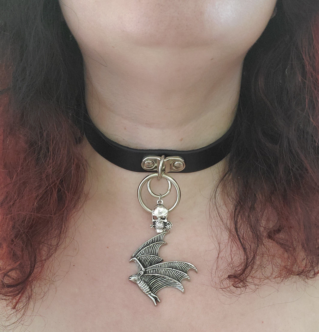 Flying Bat Leather Buckle Choker Necklace