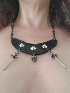 Daggers and Skull Studded Leather Necklace