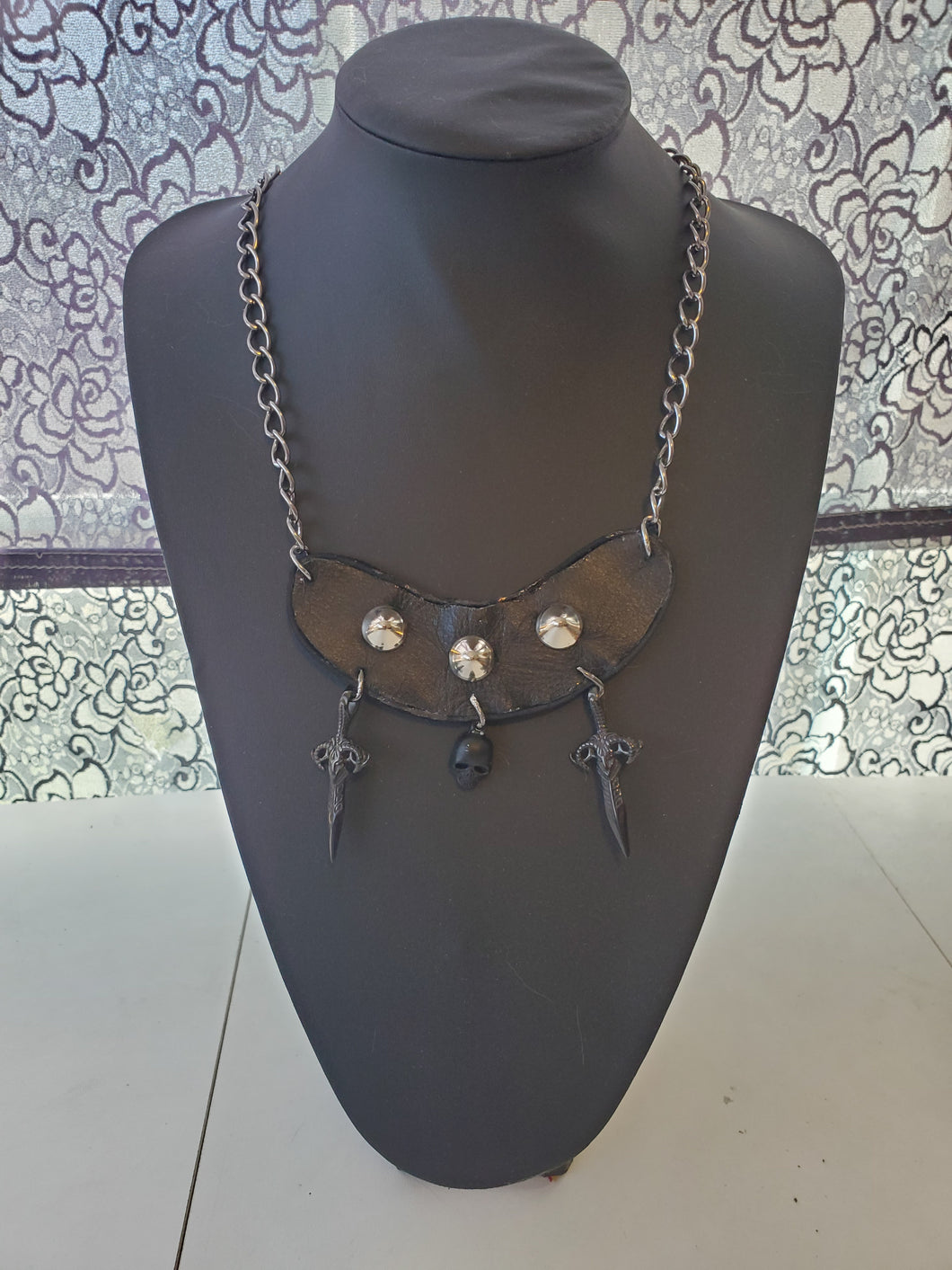 Horned Daggers and Skull Studded Leather Necklace