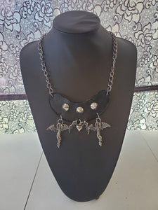 Dragon Swords and Winged Heart Studded Leather Necklace