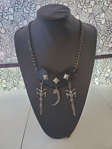 Skeleton Swords and Dragon Talon Studded Leather Necklace