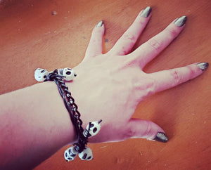 Leather Barbwire and Woven Chain Bracelet with Skulls