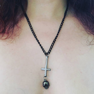 Inverted Cross Pendant On Black Chain Necklace