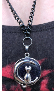 Kitty On The Moon On Black Chain Necklace